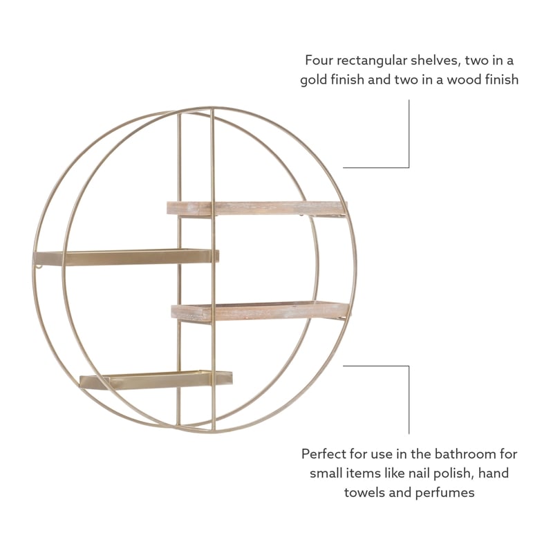 Linon Kenson Round Metal and Greywashed Wood Four Shelf Wall Storage in Gold