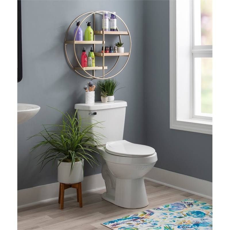 Linon Kenson Round Metal and Greywashed Wood Four Shelf Wall Storage in Gold