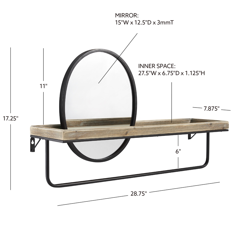 Linon Lila Center Mirror Wood and Metal Wall Shelf in Black