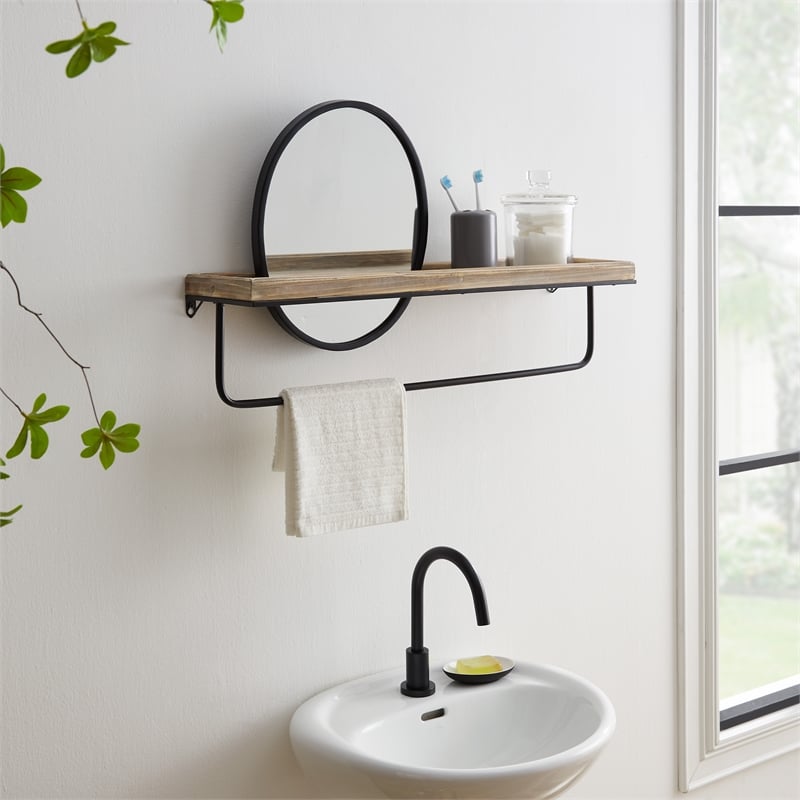 Linon Lila Center Mirror Wood and Metal Wall Shelf in Black