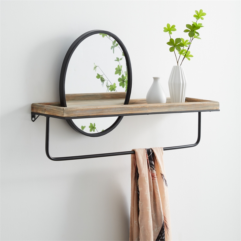Linon Lila Center Mirror Wood and Metal Wall Shelf in Black