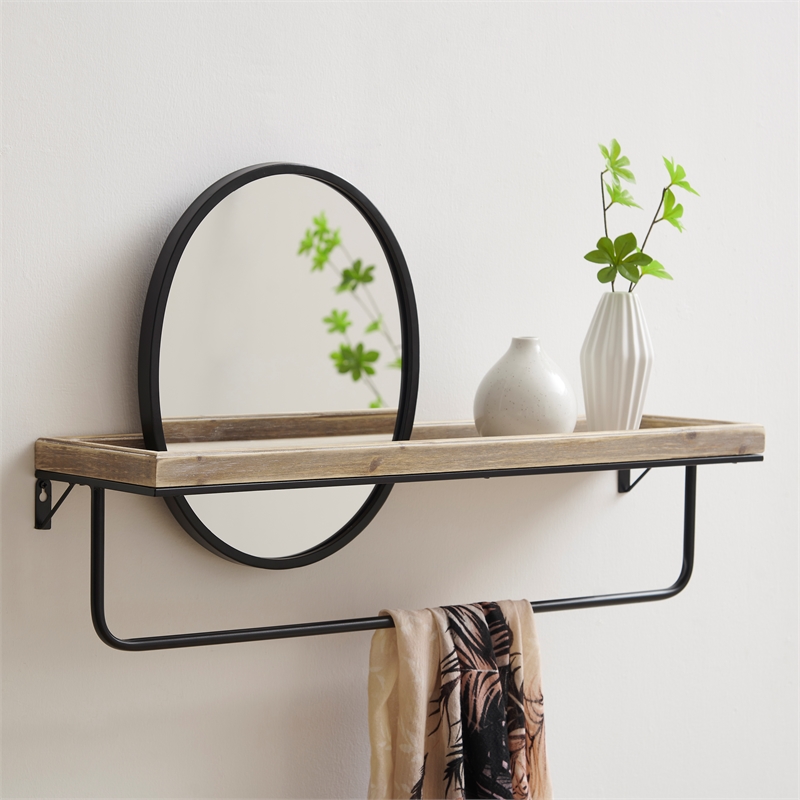 Linon Lila Center Mirror Wood and Metal Wall Shelf in Black