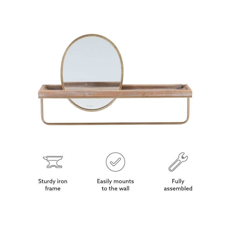 Linon Lila Center Mirror Wood and Metal Wall Shelf in Gold