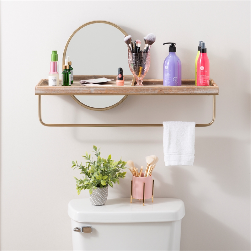 Linon Lila Center Mirror Wood and Metal Wall Shelf in Gold
