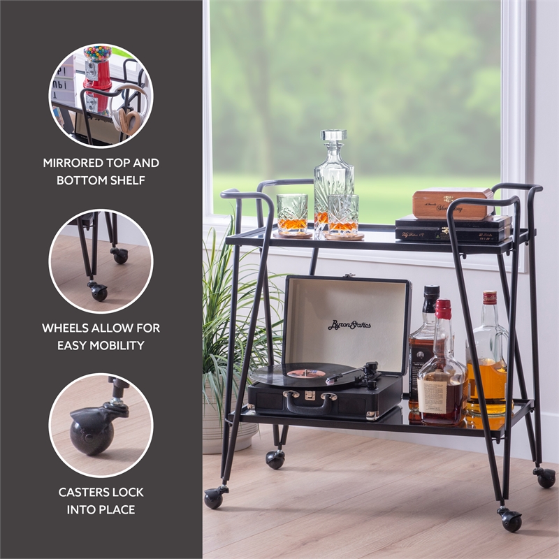 Linon Mia Metal and Mirrored Mid Century 2 Level Rolling Bar Cart in Black