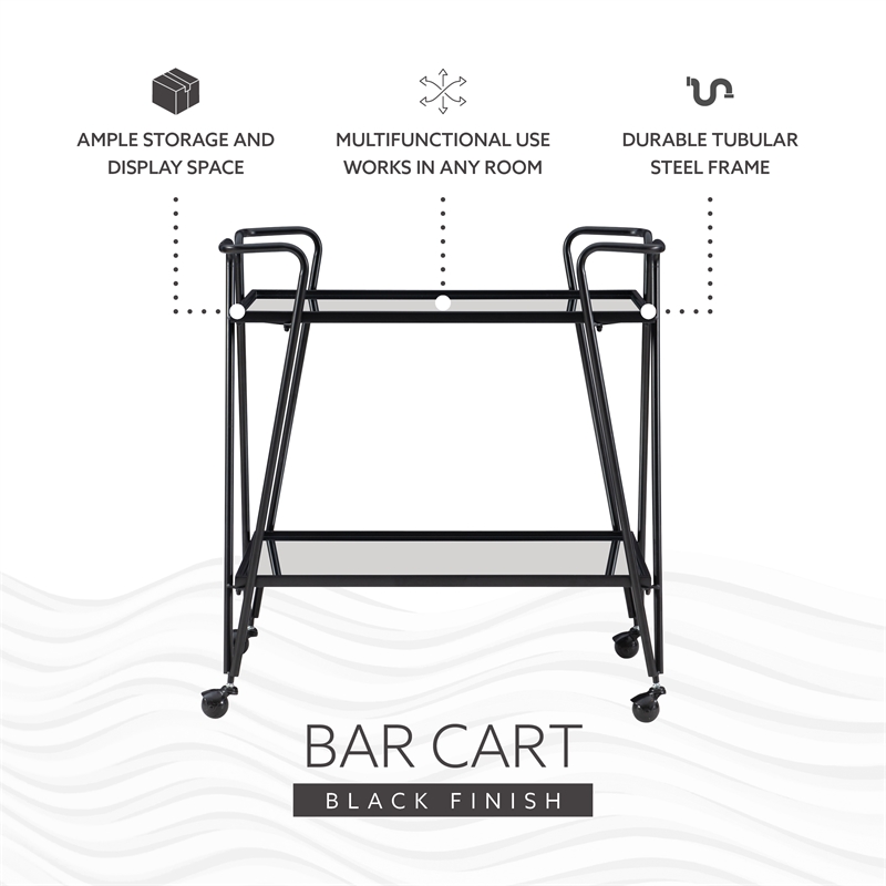 Linon Mia Metal and Mirrored Mid Century 2 Level Rolling Bar Cart in Black