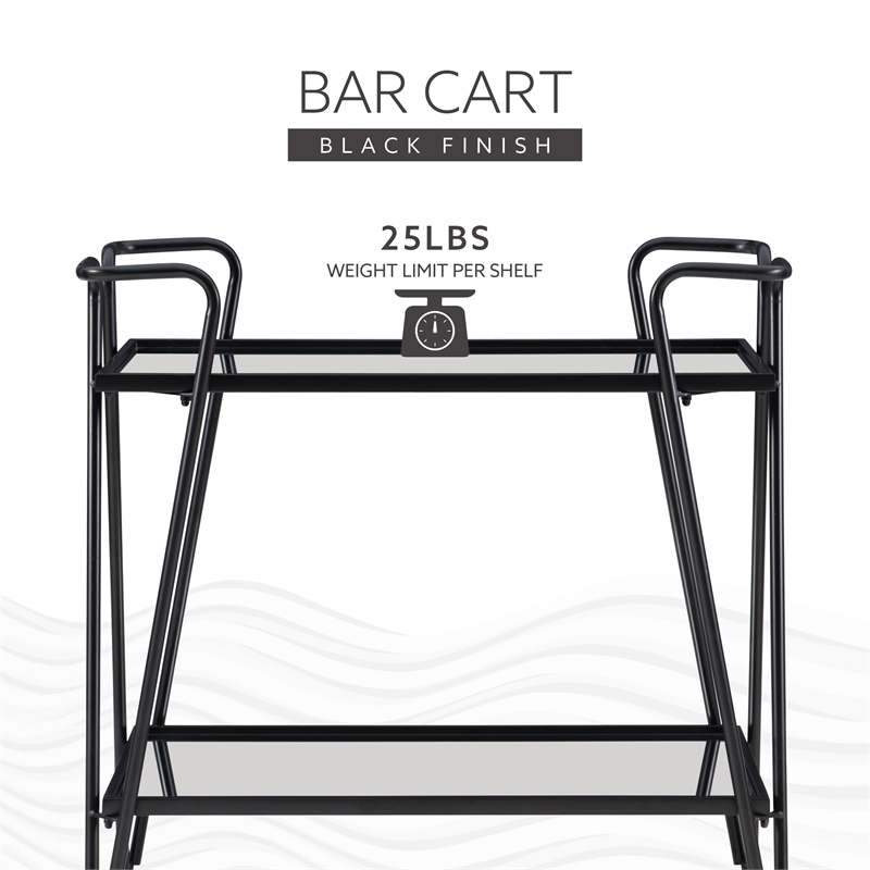 Linon Mia Metal and Mirrored Mid Century 2 Level Rolling Bar Cart in Black