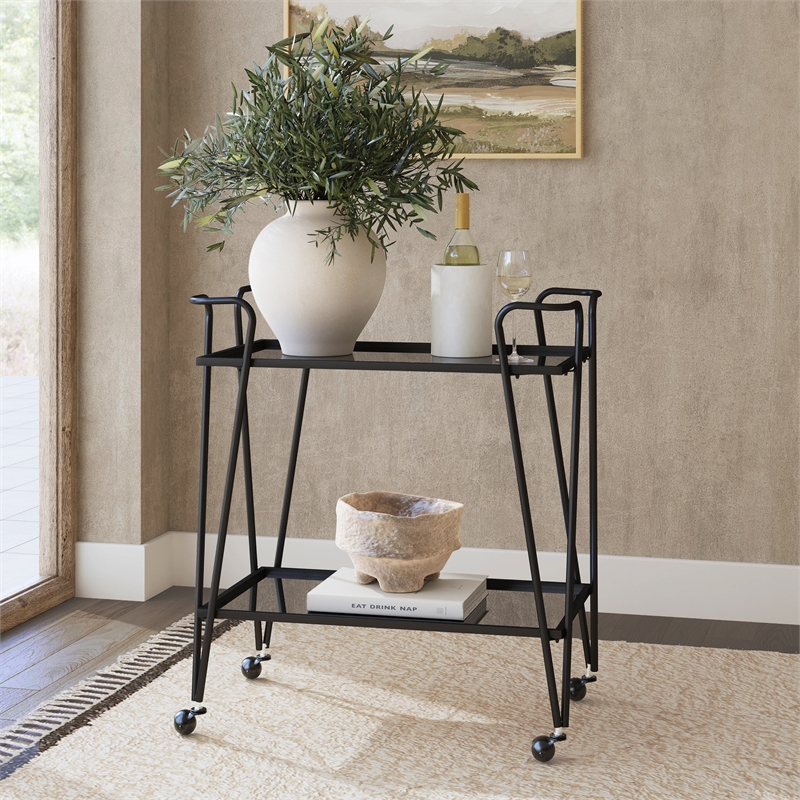 Linon Mia Metal and Mirrored Mid Century 2 Level Rolling Bar Cart in Black