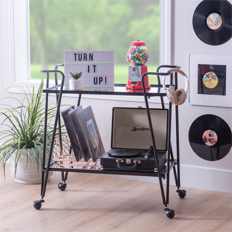 Linon Mia Metal and Mirrored Mid Century 2 Level Rolling Bar Cart in Black