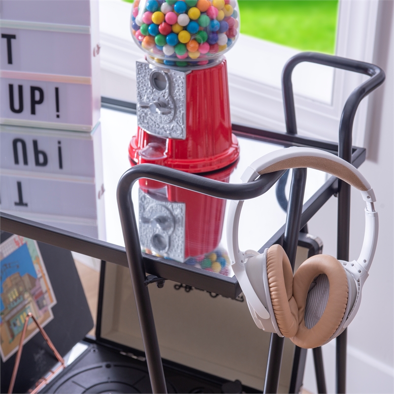 Linon Mia Metal and Mirrored Mid Century 2 Level Rolling Bar Cart in Black