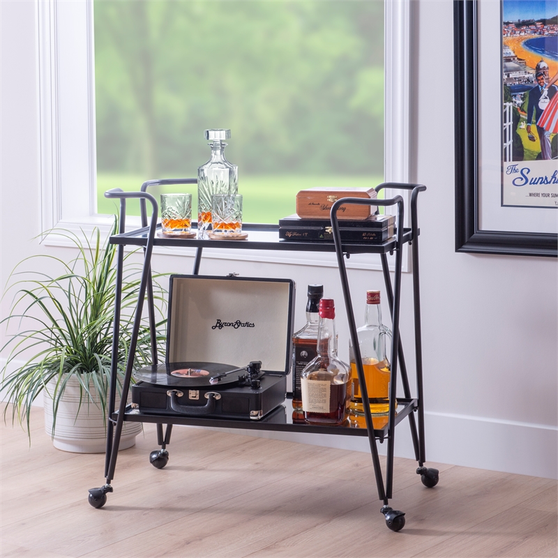 Linon Mia Metal and Mirrored Mid Century 2 Level Rolling Bar Cart in Black