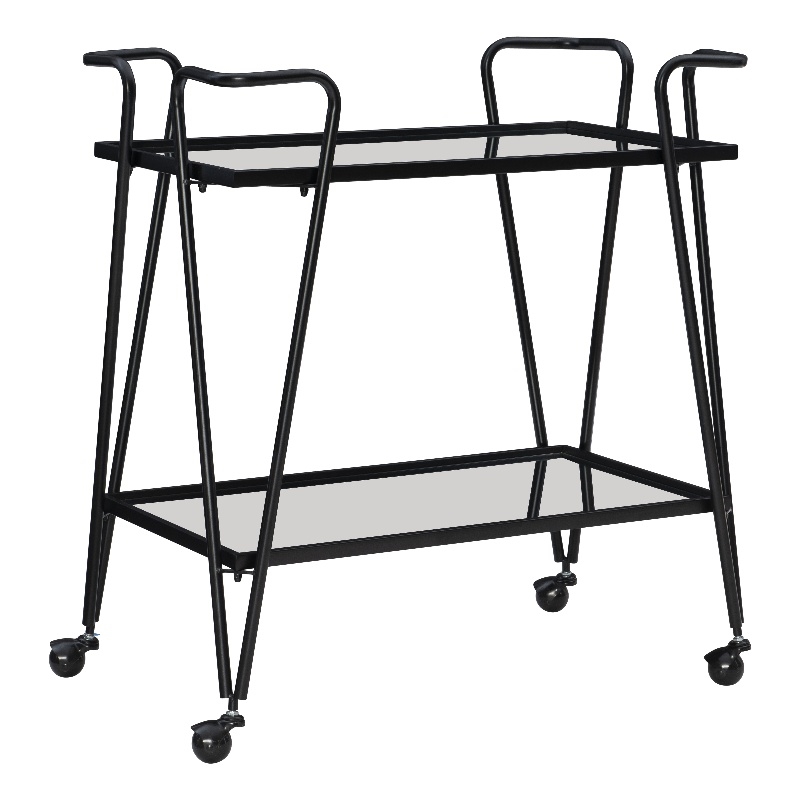 Linon Mia Metal and Mirrored Mid Century 2 Level Rolling Bar Cart in Black