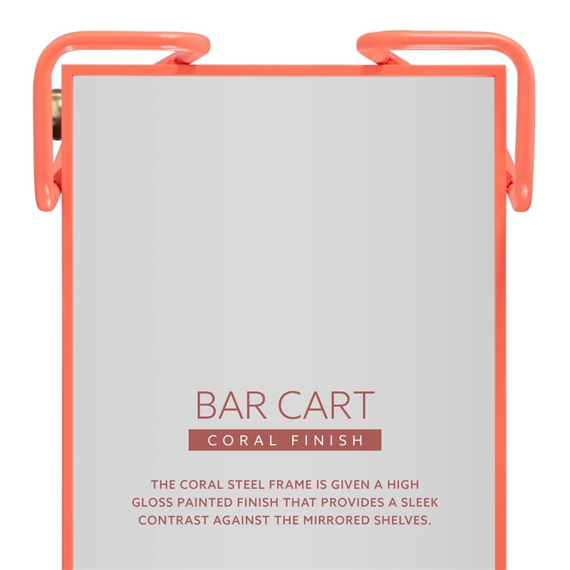 Linon Mia Metal & Mirrored Mid Century 2 Level Rolling Bar Cart in Coral Orange