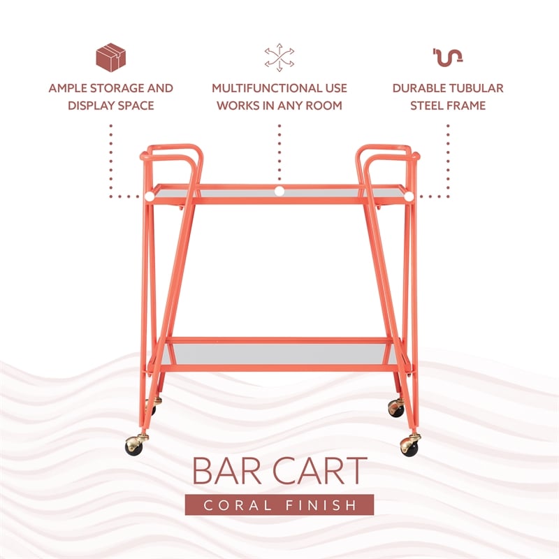 Linon Mia Metal & Mirrored Mid Century 2 Level Rolling Bar Cart in Coral Orange