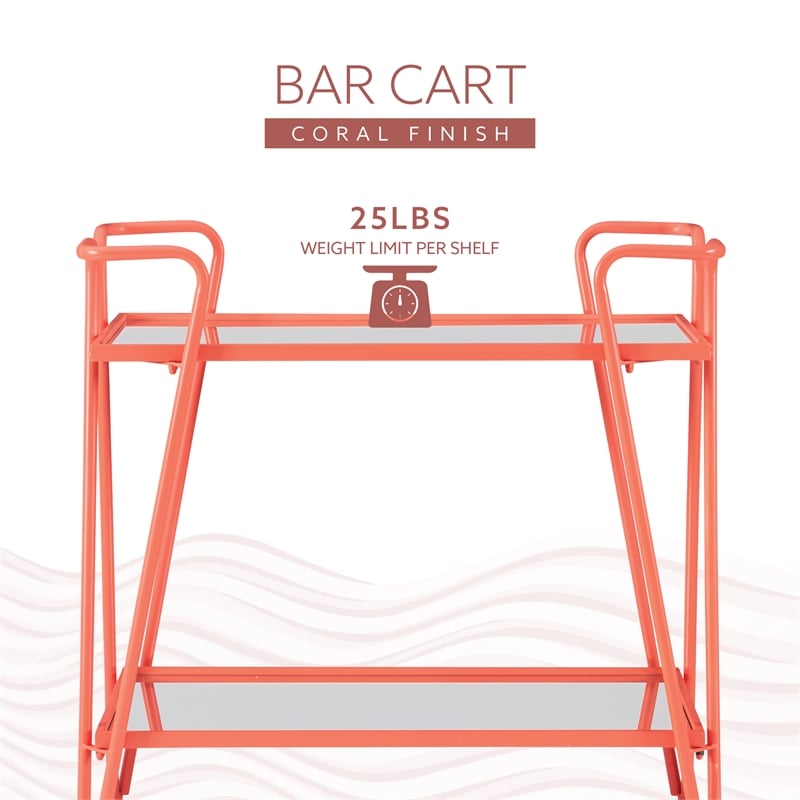 Linon Mia Metal & Mirrored Mid Century 2 Level Rolling Bar Cart in Coral Orange