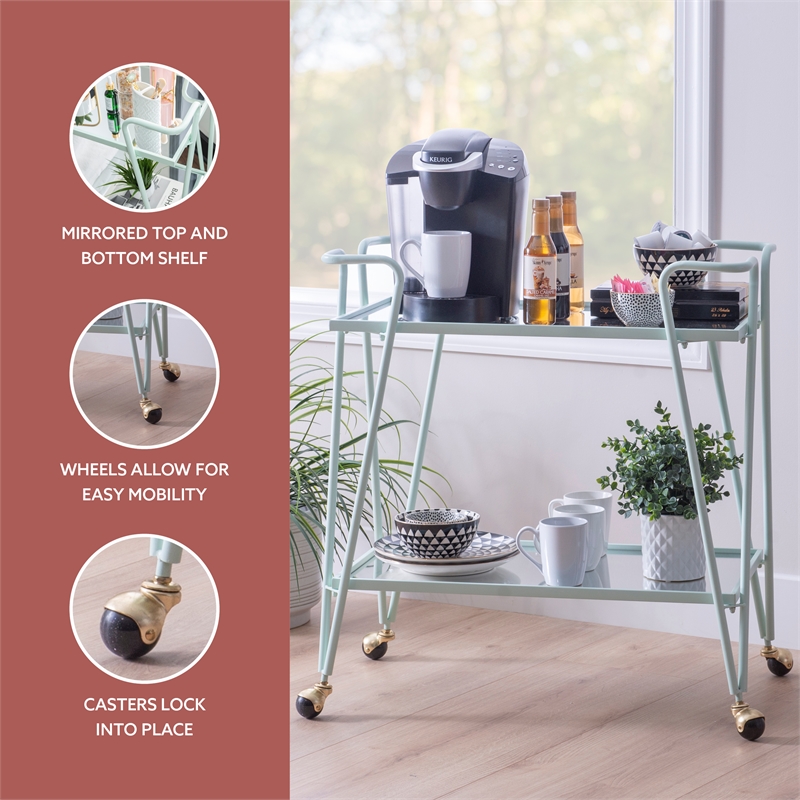 Linon Mia Metal and Mirrored Mid Century 2 Level Rolling Bar Cart in Mint Green