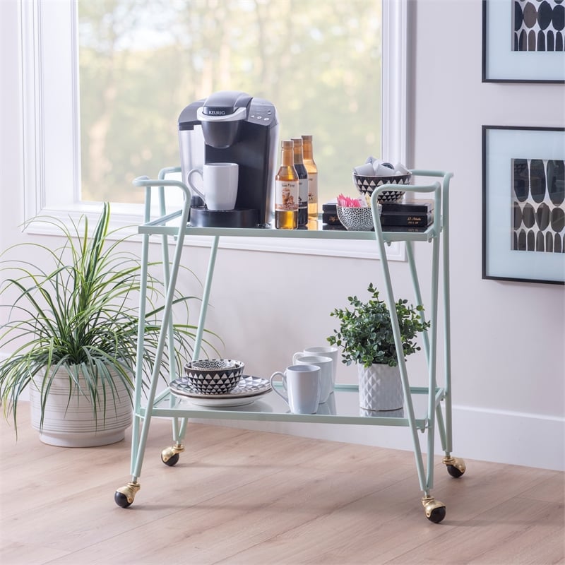 Linon Mia Metal and Mirorred Mid Century Bar Cart in Mint Linon Mia Metal and Mirorred Mid Century Bar Cart in Mint