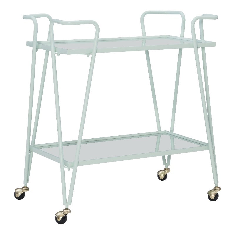 Linon Mia Metal and Mirrored Mid Century 2 Level Rolling Bar Cart in Mint Green