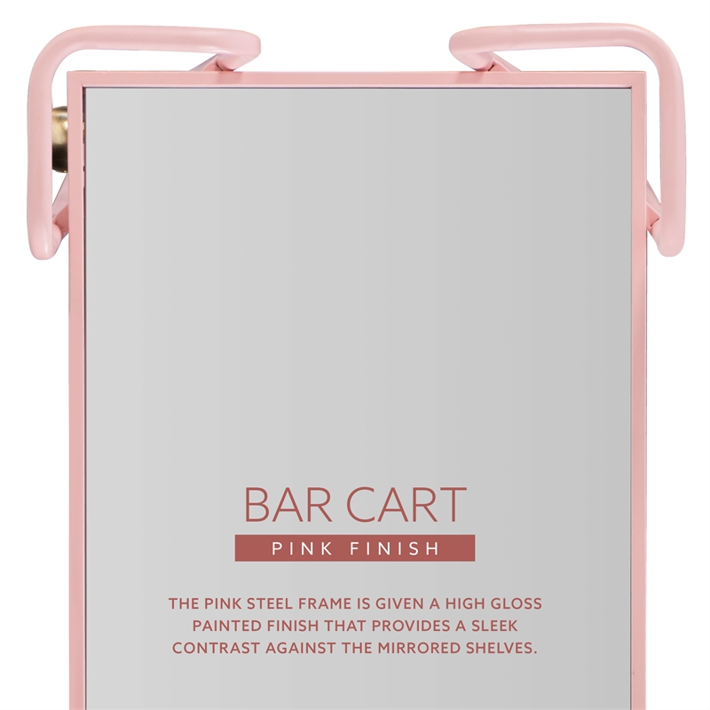 Linon Mia Metal and Mirrored Mid Century 2 Level Rolling Bar Cart in Pink