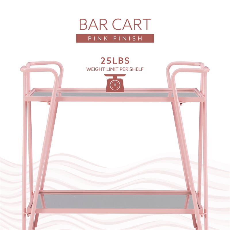 Linon Mia Metal and Mirrored Mid Century 2 Level Rolling Bar Cart in Pink
