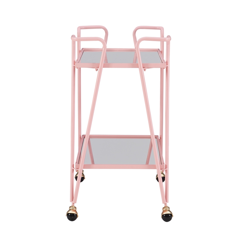 Linon Mia Metal and Mirrored Mid Century 2 Level Rolling Bar Cart in Pink