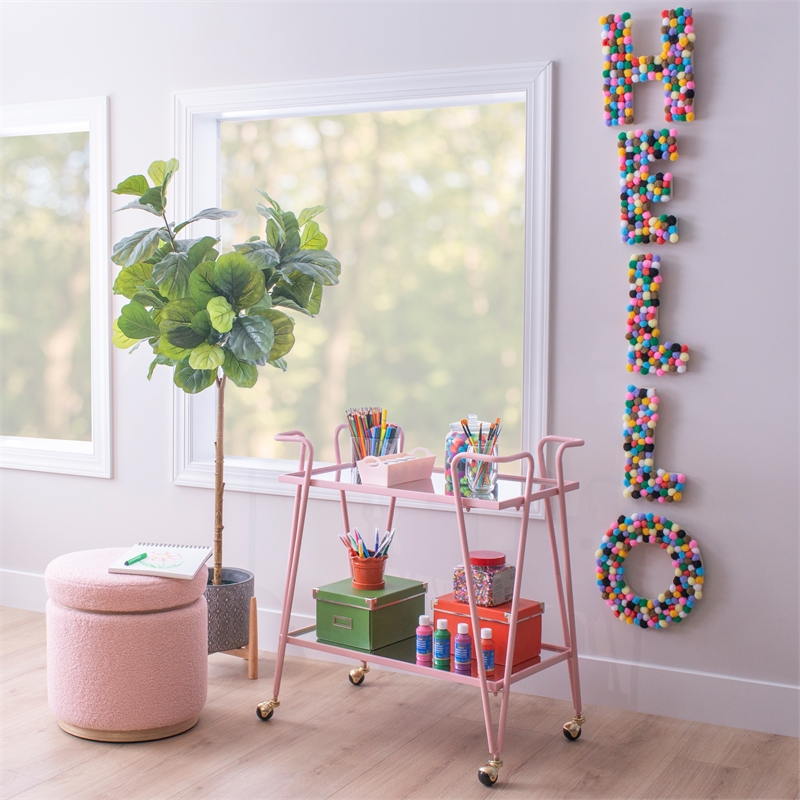 Linon Mia Metal and Mirrored Mid Century 2 Level Rolling Bar Cart in Pink