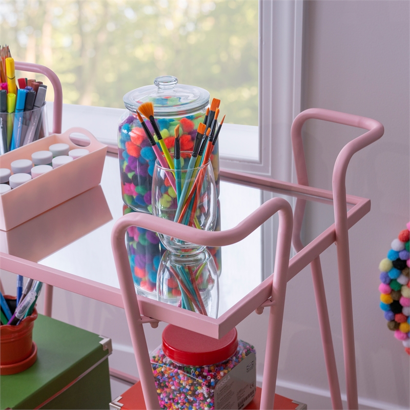 Linon Mia Metal and Mirrored Mid Century 2 Level Rolling Bar Cart in Pink