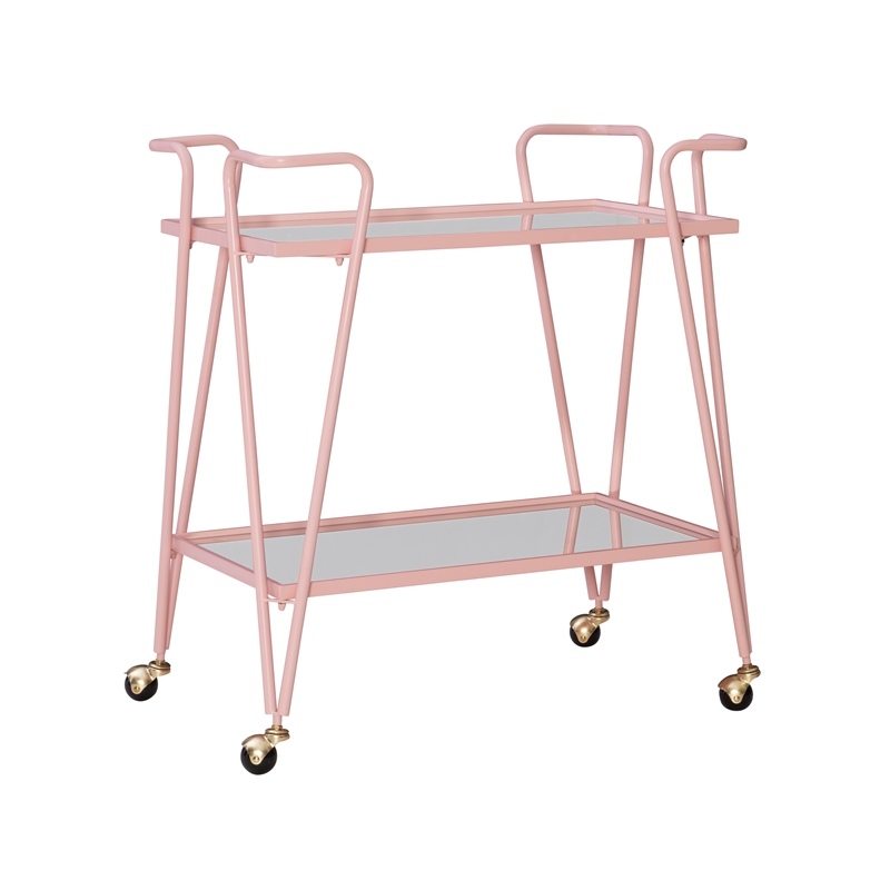 Linon Mia Metal and Mirrored Mid Century 2 Level Rolling Bar Cart in Pink