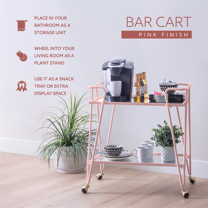 Linon Mia Metal and Mirrored Mid Century 2 Level Rolling Bar Cart in Pink