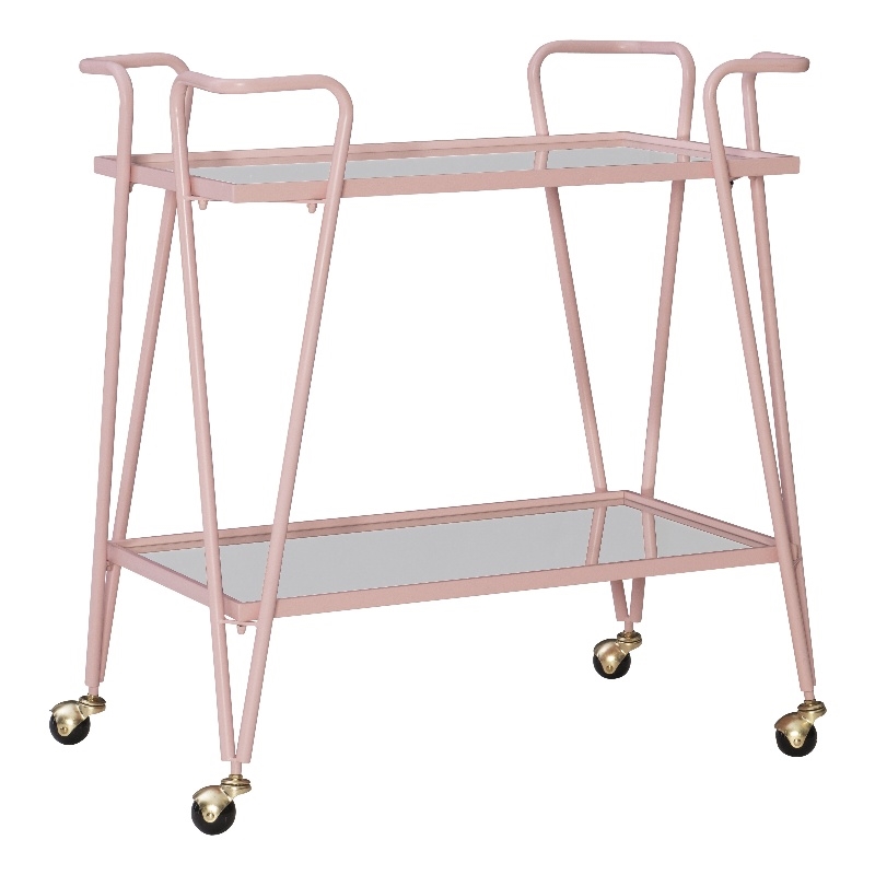 Linon Mia Metal and Mirrored Mid Century 2 Level Rolling Bar Cart in Pink