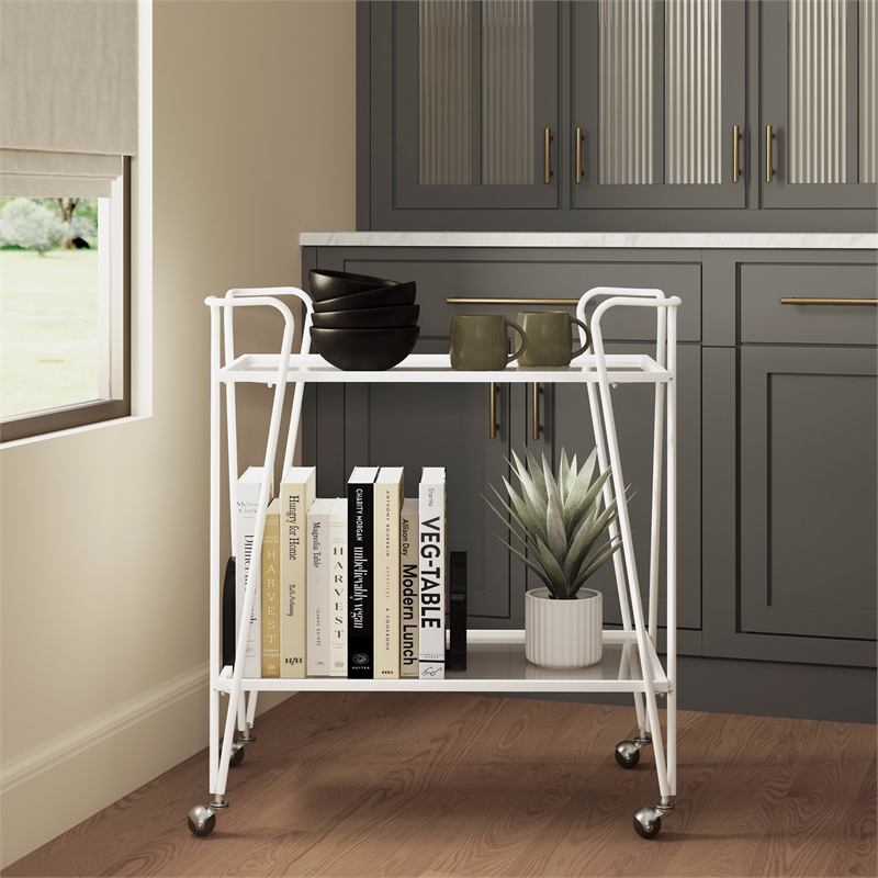 Linon Mia Metal and Mirrored Mid Century 2 Level Rolling Bar Cart in White