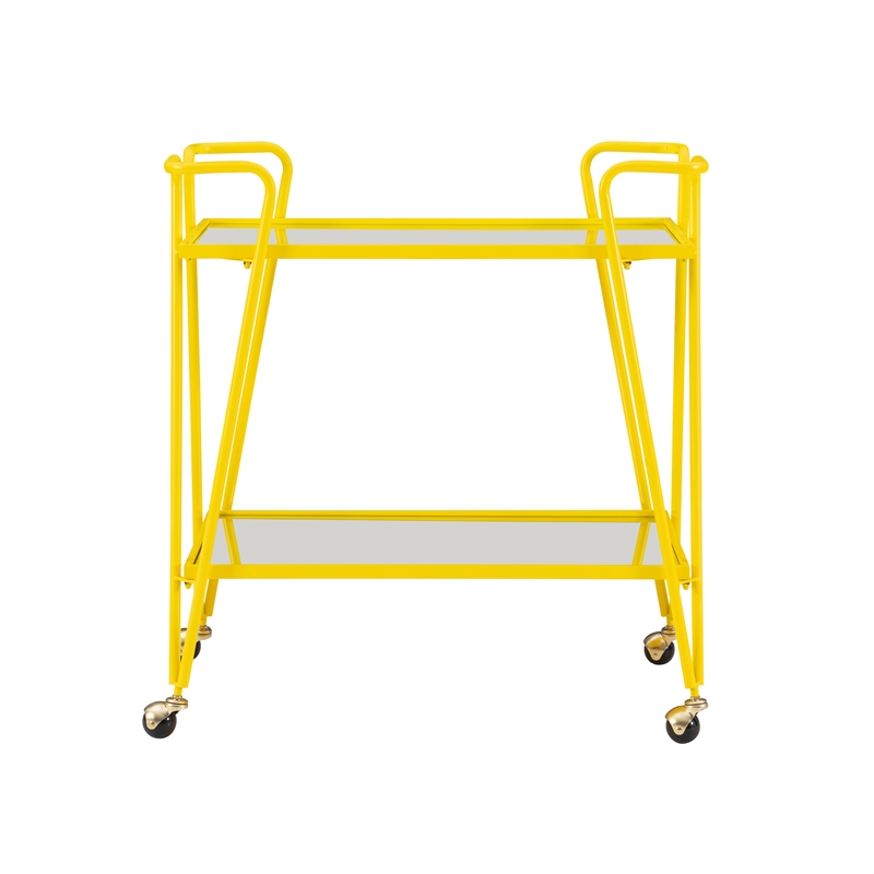 Linon Mia Metal and Mirrored Mid Century 2 Level Rolling Bar Cart in Yellow