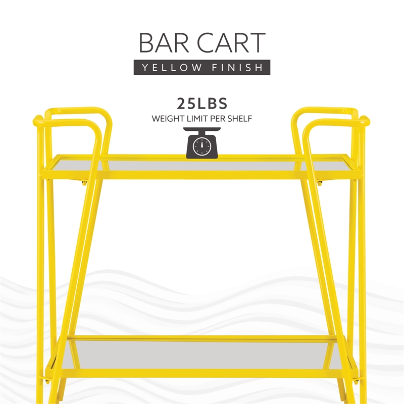 Linon Mia Metal and Mirrored Mid Century 2 Level Rolling Bar Cart in Yellow