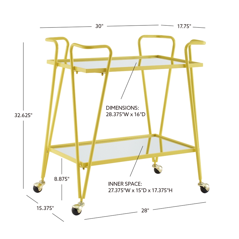 Linon Mia Metal and Mirrored Mid Century 2 Level Rolling Bar Cart in Yellow