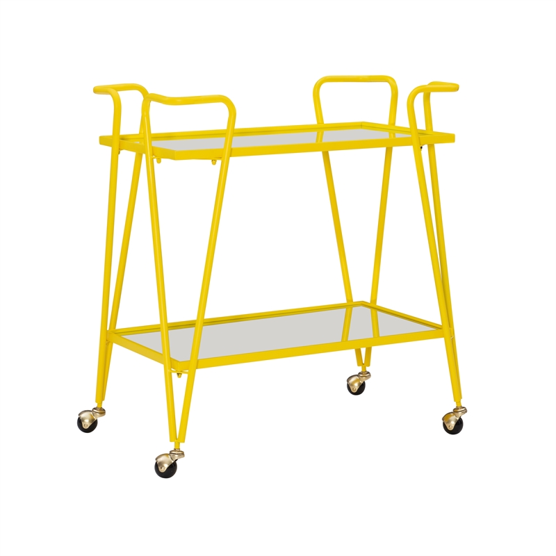 Linon Mia Metal and Mirrored Mid Century 2 Level Rolling Bar Cart in Yellow