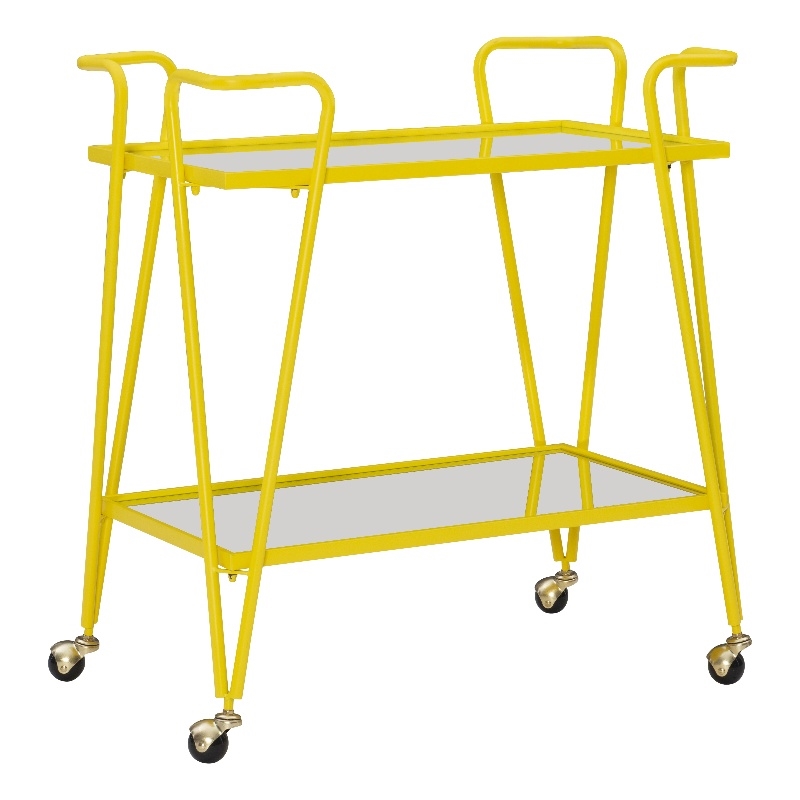 Linon Mia Metal and Mirrored Mid Century 2 Level Rolling Bar Cart in Yellow
