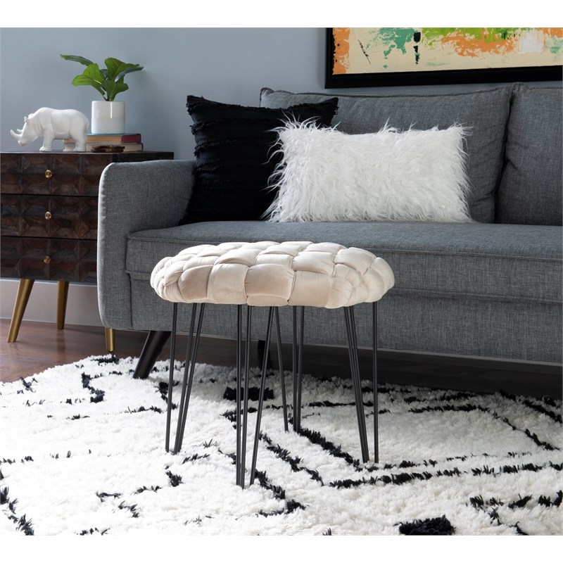 Linon Henson Round Stool Black Hairpin Legs Basketweave Seat in Cream Velvet