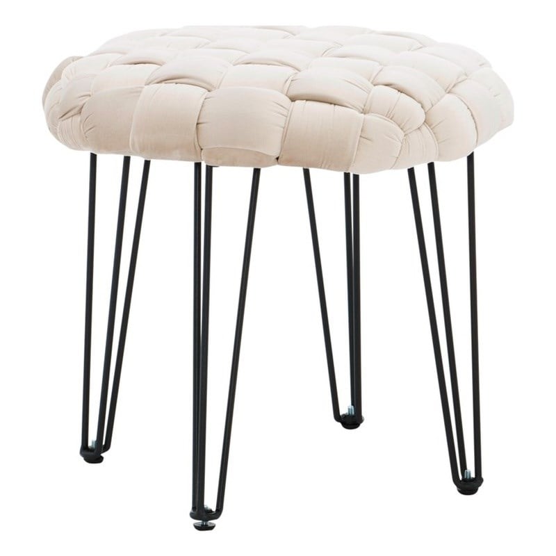 Linon Henson Round Stool Black Hairpin Legs Basketweave Seat in Cream Velvet