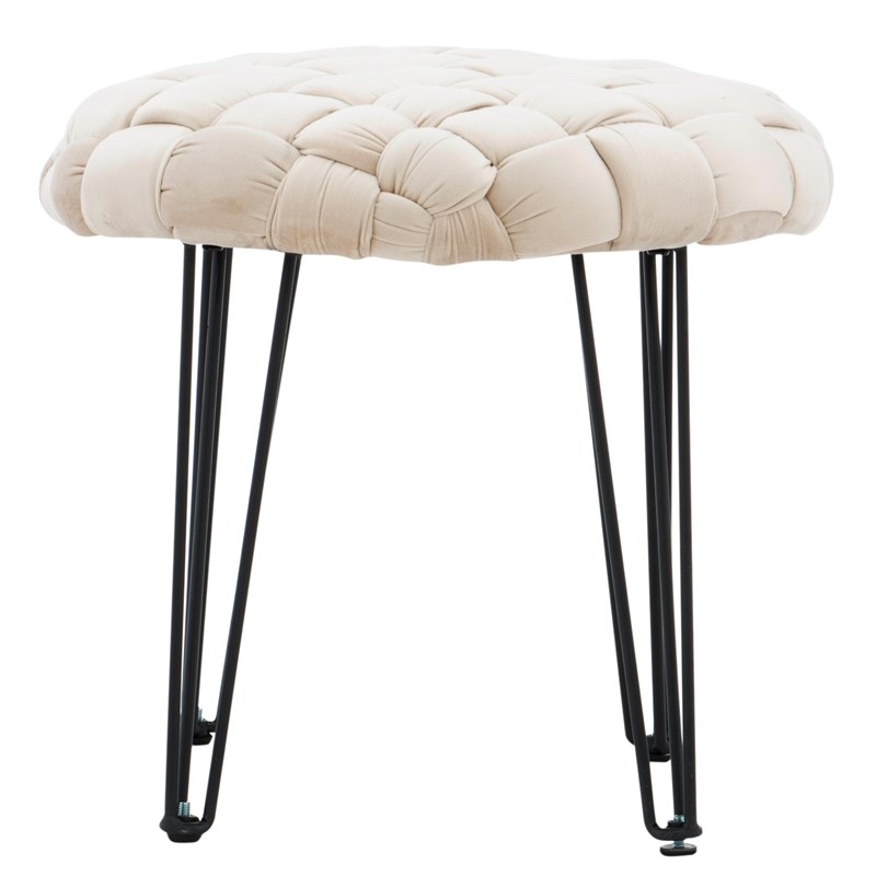 Linon Henson Round Stool Black Hairpin Legs Basketweave Seat in Cream Velvet