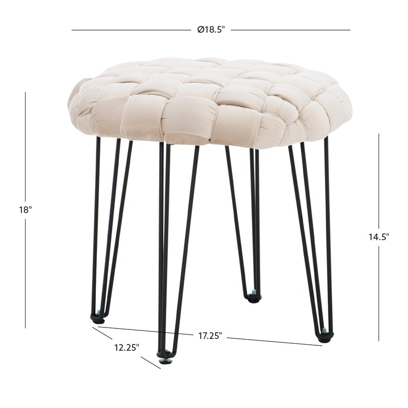 Linon Henson Round Stool Black Hairpin Legs Basketweave Seat in Cream Velvet