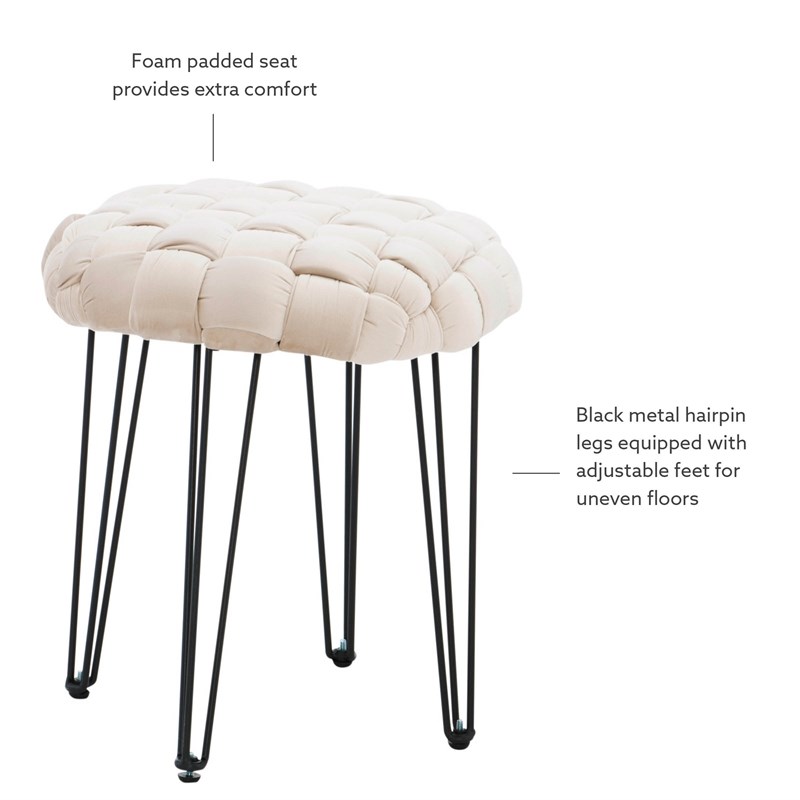 Linon Henson Round Stool Black Hairpin Legs Basketweave Seat in Cream Velvet