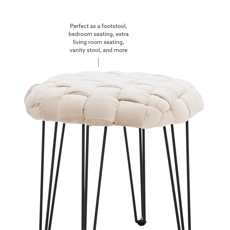Linon Henson Round Stool Black Hairpin Legs Basketweave Seat in Cream Velvet