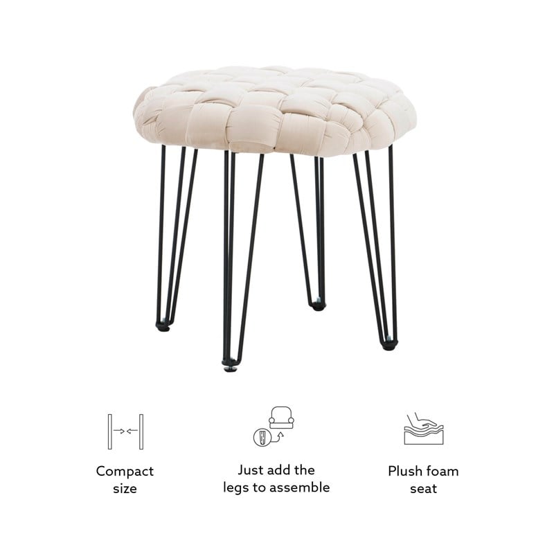 Linon Henson Round Stool Black Hairpin Legs Basketweave Seat in Cream Velvet