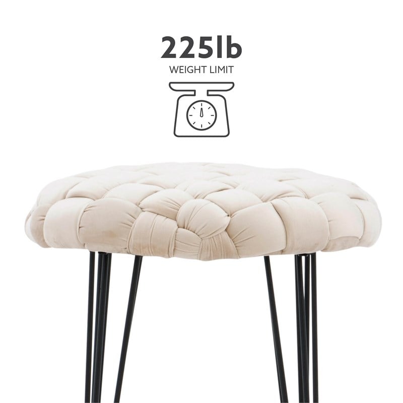 Linon Henson Round Stool Black Hairpin Legs Basketweave Seat in Cream Velvet