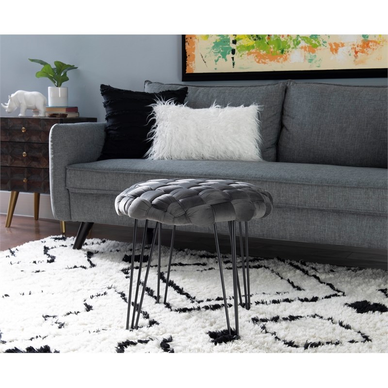 Linon Henson Round Stool Black Hairpin Legs Basketweave Seat in Gray