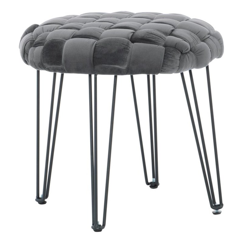 Linon Henson Round Stool Black Hairpin Legs Basketweave Seat in Gray