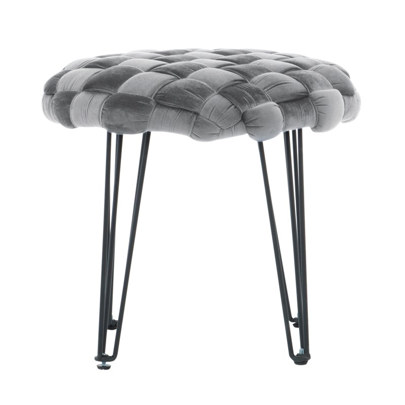 Linon Henson Round Stool Black Hairpin Legs Basketweave Seat in Gray