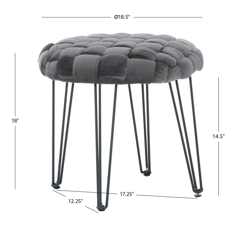 Linon Henson Round Stool Black Hairpin Legs Basketweave Seat in Gray