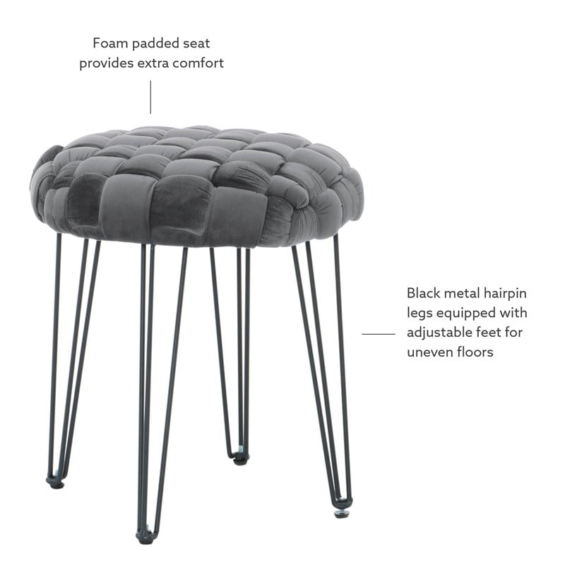 Linon Henson Round Stool Black Hairpin Legs Basketweave Seat in Gray