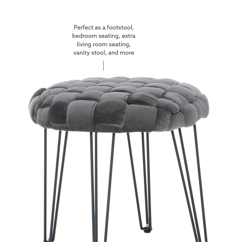 Linon Henson Round Stool Black Hairpin Legs Basketweave Seat in Gray